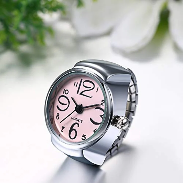 JewelryWe Ringuhr Fingeruhr für Herren und Damen, Elastisches Metallband, Runde Analog Quarz Uhr in Pink – Bild 3