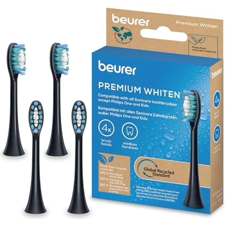 Beurer SC Premium Whiten Bürstenköpfe, 4 Ersatzbürsten mit mittig erhöhten Indikatorborsten, kompatibel mit Philips Sonicare, Härtegrad Mittel, nachhaltige Materialien – Bild 1