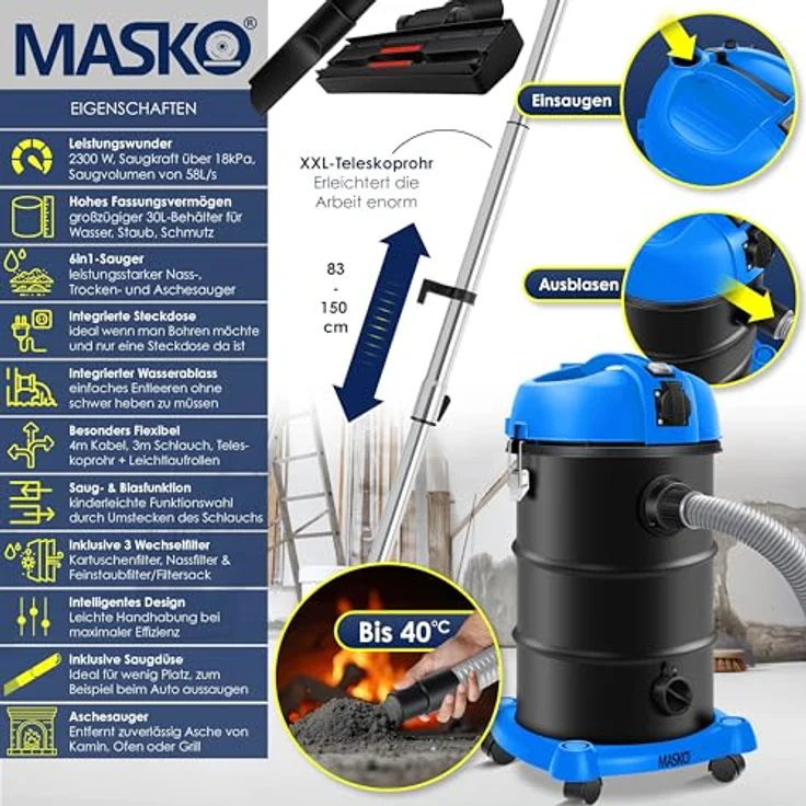 MASKO 6IN1 Industriestaubsauger Staubsauger Nass Trocken Sauger Aschesauger 2300W + Steckdose   Blasfunktion   Trocken-Saugen & Nass-Saugen   Industrie-Sauger mit & ohne Beutel   beutellos Blau – Bild 3