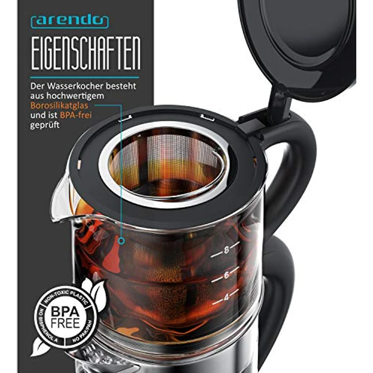Arendo Glas Wasserkocher mit Temperatureinstellung und Teesieb sowie Aufsatz - Türkischer Teekocher - Edelstahl - Temperaturen 70, 80, 100 Grad - 1,7 Liter - 2400 Watt - Abschaltautomatik – Bild 4