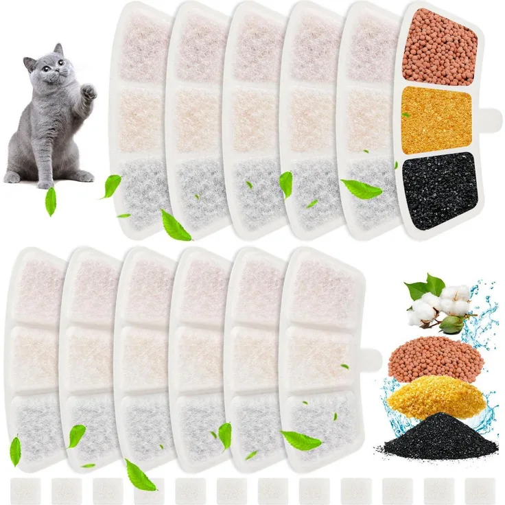 Oneisall Ersatzfilter für Katzenbrunnen PW04, 12 Stück mit Vorfilterschwamm, für 3,5L Edelstahlbrunnen, 5-lagiges Filtersystem