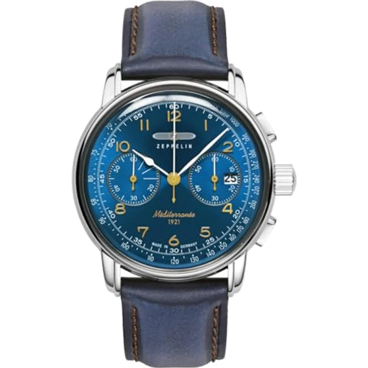 Zeppelin 9670-3 Herrenuhr 100 Jahre Méditerranée, Edelstahlgehäuse Silberfarben, azurblaues Zifferblatt, blaues Lederband – Bild 1
