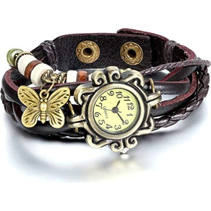 JewelryWe Damen Armbanduhr, Retro geflochten mit Lederarmband und Schmetterling Anhänger, Braun Bronze, Quarzwerk, wasserdicht bis 1 ATM