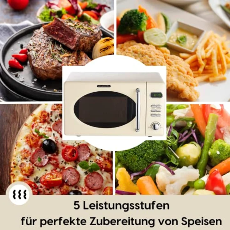 PKM WOLKENSTEIN Mikrowelle WMW720, Retro, Standgerät, 700 Watt, creme, 20 Liter Garraum, 8 Automatik-Programme, Drehteller, 60 Min Timer, Kindersicherung – Bild 3
