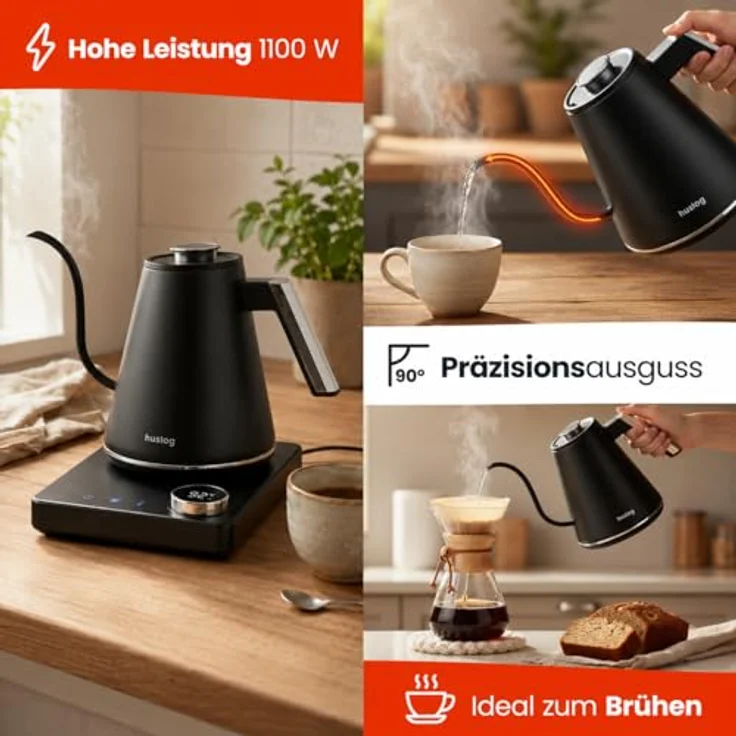 Huslog Elektrischer Wasserkocher 1L mit Temperaturregelung 40–100°C, schwarz, Schwanenhal – Bild 3