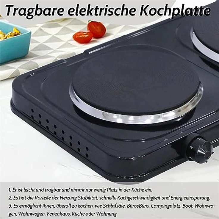 Melko Doppelkochplatte elektrisch Kochfeld ideal für Camping, Küche oder Büro, Herdplatte groß 18,5 cm und klein 15,5 cm einzeln regelbare 5 Heizstufen, 2500 Watt Leistung, Schwarz – Bild 3