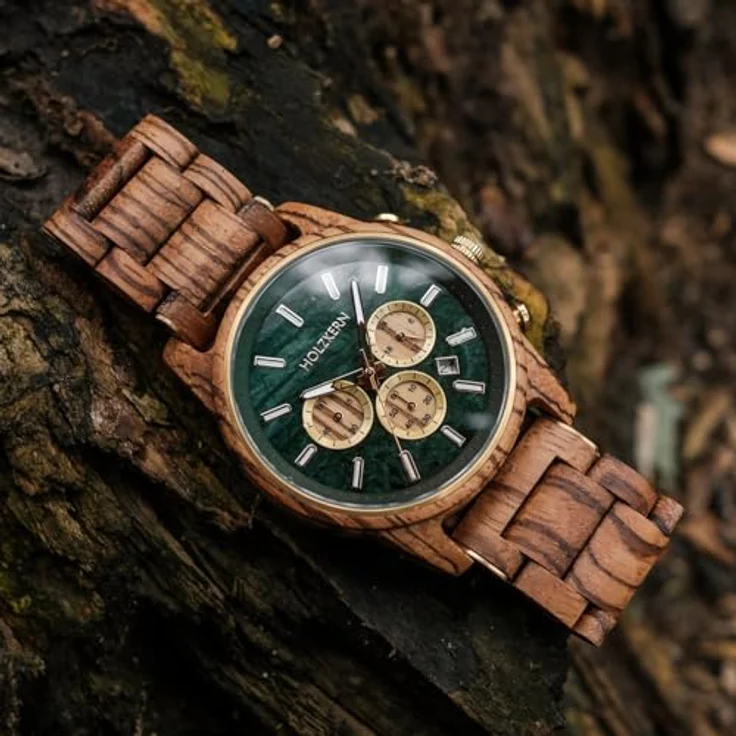 HOLZKERN Chronograph Herrenuhr Blätterdach Zebrano/Marmor, grünes Zifferblatt, 60 Minuten Stoppuhrfunktion, braunes Holzarmband – Bild 2