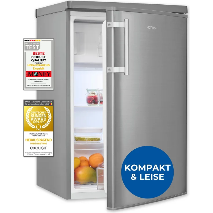 Exquisit KS16-4-HE-040C, Kühlschrank mit 4-Sterne-Gefrierfach, 118 l, Edelstahloptik, wechselbarer Türanschlag, 2 Glasablagen, 55 cm breit, EEK C
