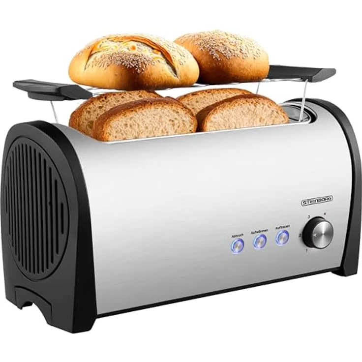 Steinborg XXL Langschlitztoaster 4 Scheiben, Edelstahl mit Brötchenaufsatz, blauer LED-Beleuchtung und automatischer Abschaltung
