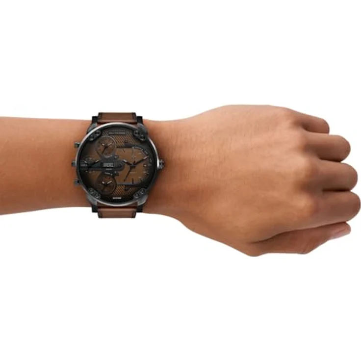 DIESEL Herren Analog Quarz Uhr DZ7492, schwarzes Edelstahlgehäuse, braunes Lederarmband, 54mm, kratzfestes Mineralglas, Wasserbeständig bis 30m – Bild 2