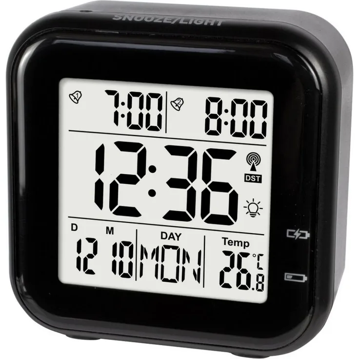 Miraval Premium Design-Funkwecker, Digitaler Reisewecker mit Akku, 2 Alarme, Nachtlicht, Datumsanzeige, USB-Ladekabel, weiße LED-Beleuchtung