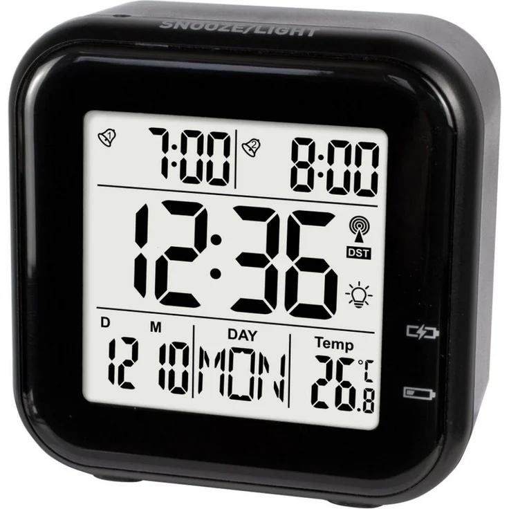 Miraval Premium Design-Funkwecker, Digitaler Reisewecker mit Akku, 2 Alarme, Nachtlicht, Datumsanzeige, USB-Ladekabel, weiße LED-Beleuchtung