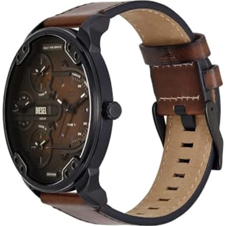 DIESEL Herren Analog Quarz Uhr DZ7492, schwarzes Edelstahlgehäuse, braunes Lederarmband, 54mm, kratzfestes Mineralglas, Wasserbeständig bis 30m – Bild 3