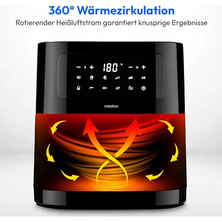 MEDION E40 XL Heißluftfritteuse (5,2 Liter Frittierkorb, 2.150 Watt, 9 Automatikprogramme, Backfunktion, ölfreies Frittieren, Touch Bedienfeld, LED Anzeige) schwarz – Bild 3