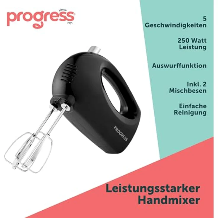 Progress EK5901PVDE Handmixer – elektrischer Handquirl mit 5 Geschwindigkeitsstufen, Auswurffunktion, 250 W, schwarz, ideal für Plätzchenteig und Kuchenteig – Bild 2