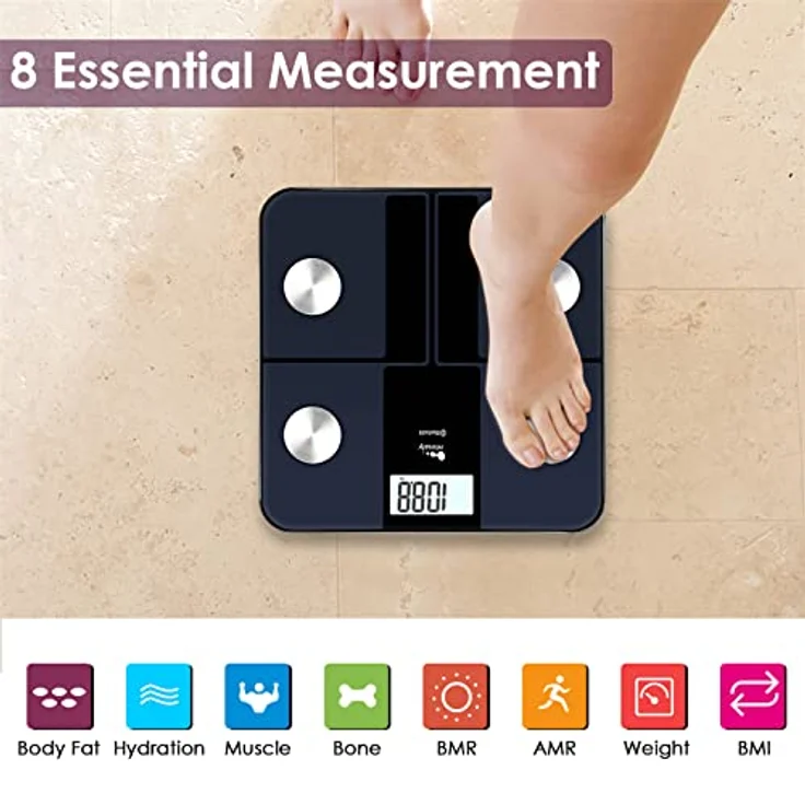 himaly Körperfettwaage Digital Personenwaagen mit App Smart Fitness Waage, 6-Farbiges LCD-Display | 18 Köperdaten | USB-Schnellladung | Max 180kg – Bild 3