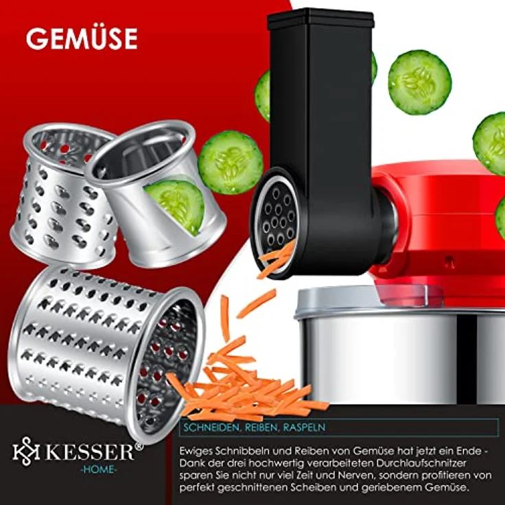 KESSER K-KM 3000 3 in 1 Universal Küchenmaschine, 1500W, 5,5L Schüssel, inkl. Fleischwolf, 3 Rührwerkzeuge, 1,5L Entsafter, Wurst Set Pasta & Plätzchenformen, rot - Preisvergleich – Bild 4