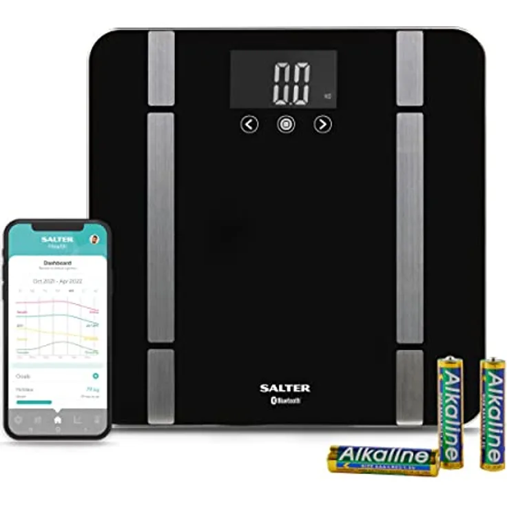Salter SA00432FEU6 Bluetooth Badezimmerwaage - Körpergewichtswaage mit max. Kapazität 200 kg, Waage mit 8-Benutzer-Speicher, verbinden per Salter Health App um Gesundheit und Fitness zu verfolgen