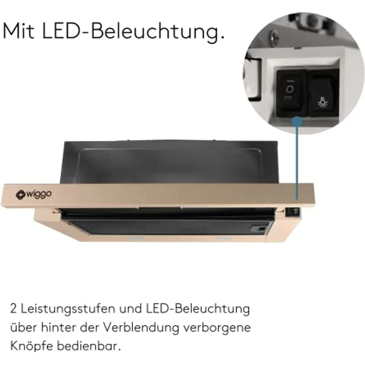 Wiggo Dunstabzugshaube 60cm WE-632R creme I Flachschirmhaube für Abluft oder Umluft Dunstabzug 300m³/h mit LED-Beleuchtung I Einbau-Dunstabzugshaube inkl. Fettfilter & 2× Kohlefilter – Bild 4