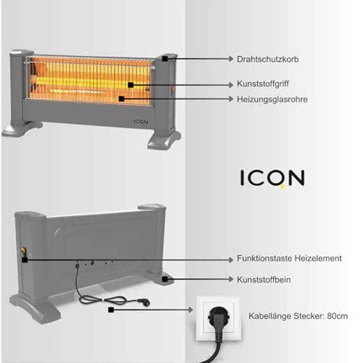 ICQN Infrarot Standheizstrahler, Elektroheizung mit 900 W für Räume bis 10m², Silber, 135 cm Kabel, IP20 zertifiziert – Bild 2