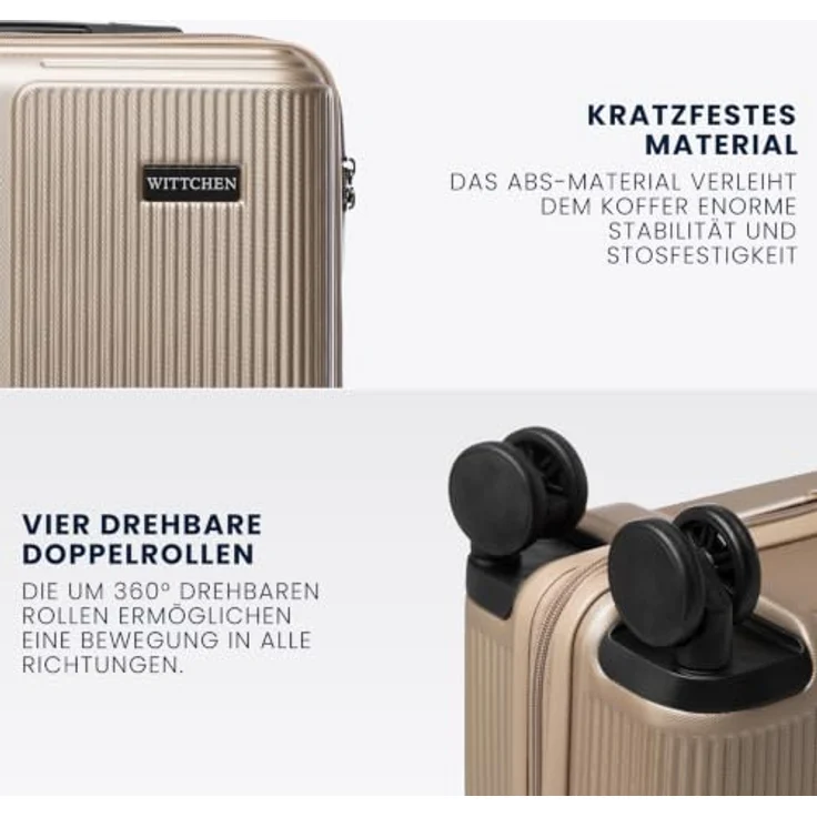 WITTCHEN Stripes Line Kofferset, Hartschalenkoffer ABS mit Kosmetiktasche, 4 Doppelrollen, Teleskopgriff, Zahlenschloss, Gold, Set S + M + L + XL – Bild 3