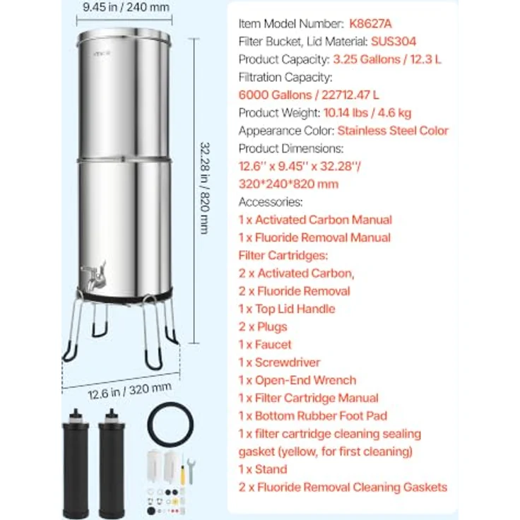 VEVOR Schwerkraft-Wasserfilter Wasserfiltersystem 12,3 L Edelstahl 304, reduziert Blei und bis zu 99 % Chlor, mit 2 Aktivkohlefiltern und 2 Fluoridfiltern, inkl. Wasserhahn & Ständer – Bild 7