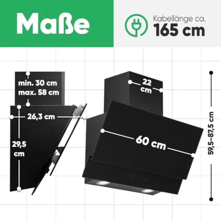 Bomann® DU 7607 G, matte Dunstabzugshaube 60 cm, leise, Umluft/Abluft, 302 m³/h, inklusive Montage-Material – Bild 6