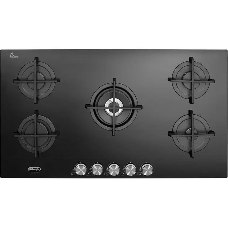 De'Longhi NSL 590 NC, Einbau-Gaskochfeld 90 cm mit 5 Kochzonen, elegante schwarze Glaskeramik-Oberfläche