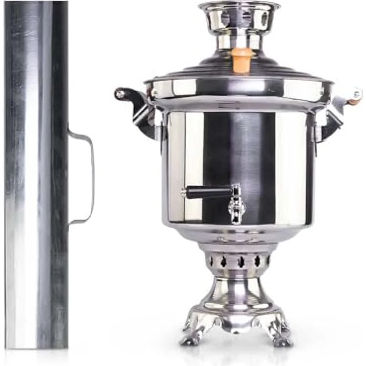 BIG-PAN Samowar 5 Liter aus Edelstahl mit Schornstein, Holzfeuer Teeservice Pahta Gul (7-teilig) in blau Porzellan – Bild 3