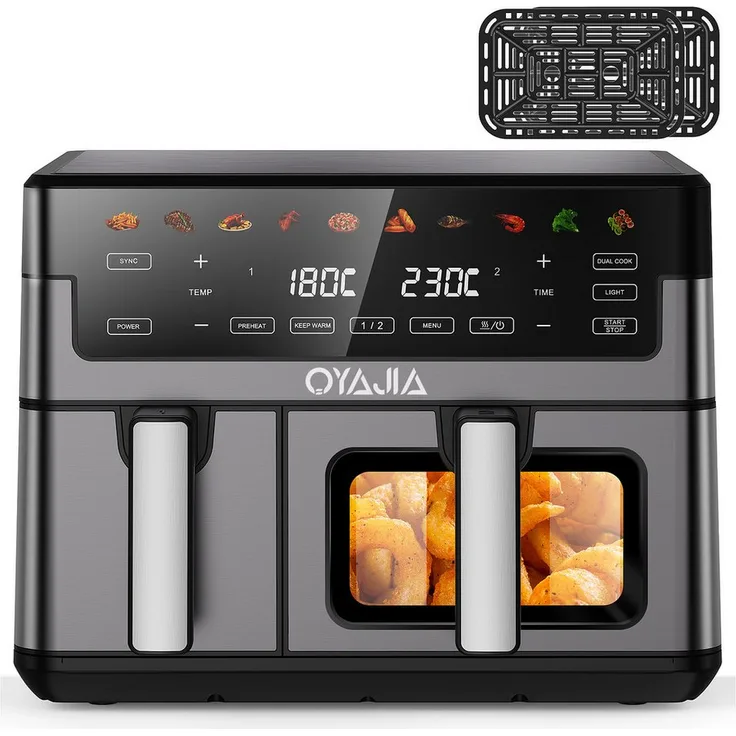 oyajia Heißluftfritteuse Dual Zone XXL, 10L, 2600W, 10 Programme, Temperaturregelung, Öl-frei, mit Sichtfenster