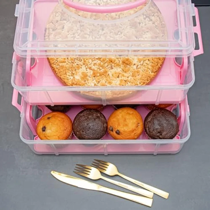 INTIRILIFE Transportbox Behälter für Kuchen und Cupcakes 2 Etagen aus Kunststoff in Pink - 36.1 x 26.1 x 21.2 cm - Großzügiger Stauraum für bis zu 24 Cupcakes - Flexibles und sicheres Design - Leicht zu reinigen – Bild 4