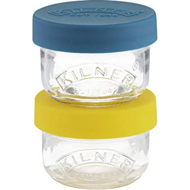KILNER Snackgläser 125ml 2er Set, luftdicht mit bunten Silikondeckeln in Blau und Gelb, ideal für Obst und Gemüse – Bild 2