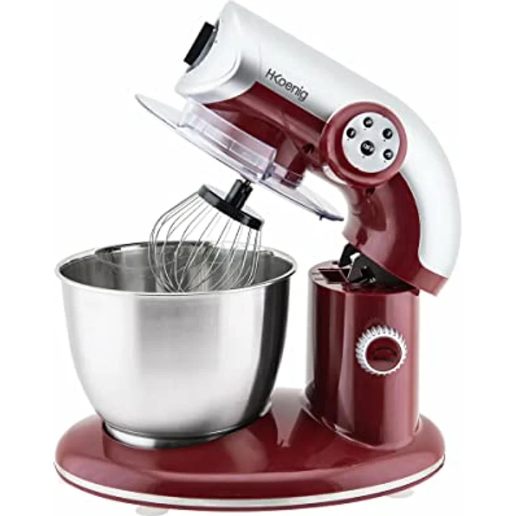 H.Koenig KM80 Küchenmaschine - 5 L Schüssel aus Edelstahl - bis zu 2kg Teig - 3 Aufsätze - 1000 W - 4 Geschwindigkeitsstufen - rot – Bild 2