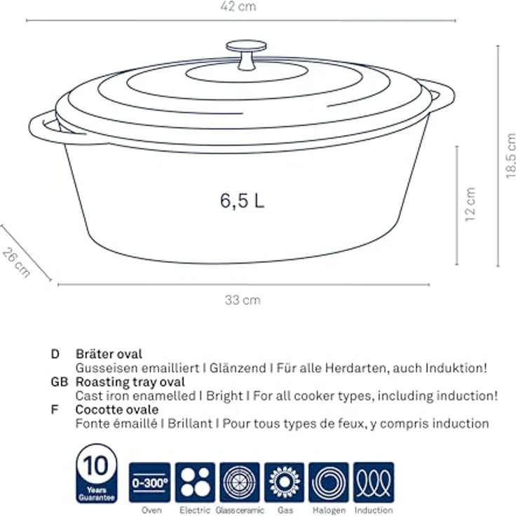 Kela 12473 Bräter mit Deckel, Gusseisen, le-Beschichtung, Hohe Wärmespeicherung, Induktionsgeeignet, 6,5 L, Schwarz, Oval, Calido – Bild 5