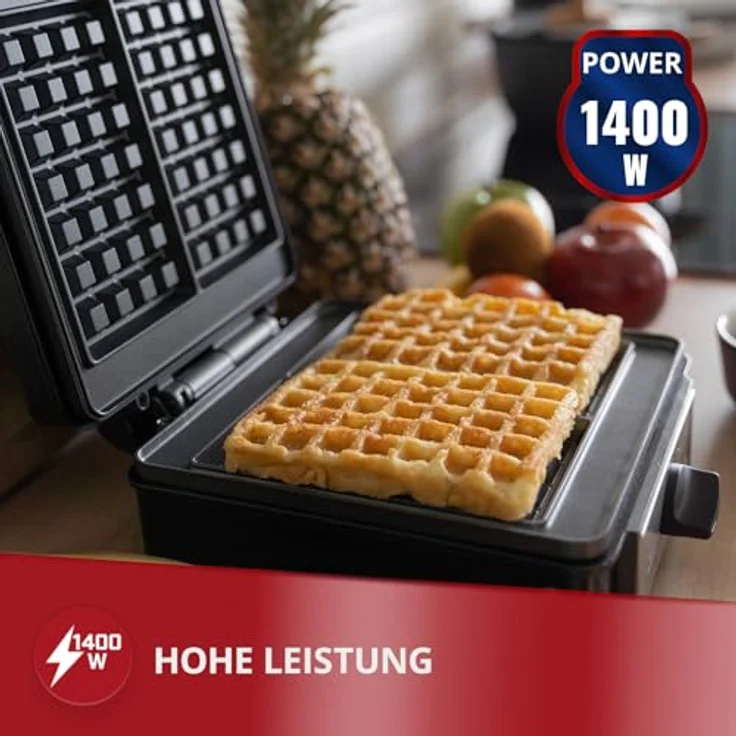 MPM MGO-24 Professionelles Waffeleisen für 2 Dicke belgische Waffeln, Antihaftplatten, automatische Temperaturregelung, schwarz, 1400W – Bild 3