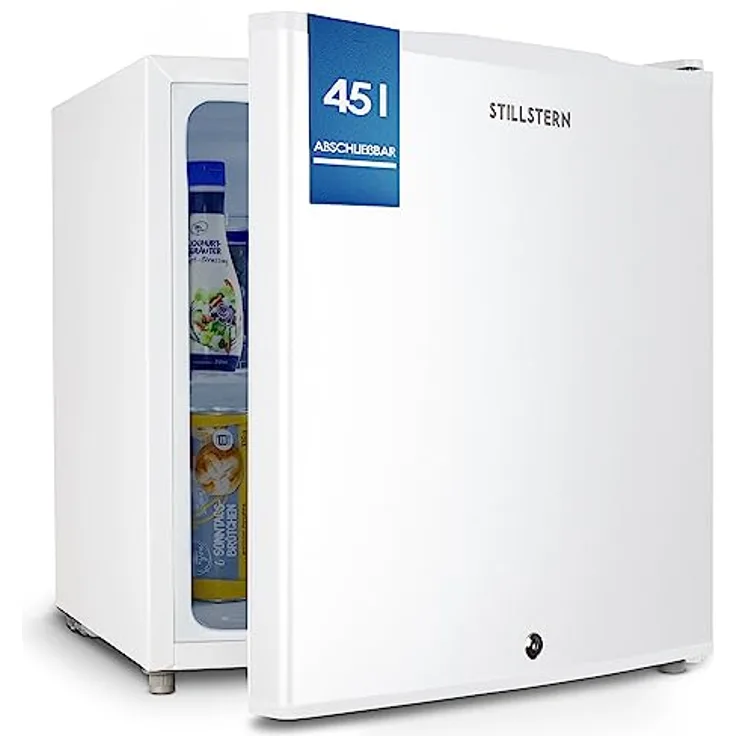 Stillstern Mini Kühlschrank E 45L mit Abtauautomatik, Schloss, Frostfach, Leise, Ideal für Küche, Büro, Schlafzimmer, Hotels und kleine Wohnungen Kühlschrank klein Minibar Getränkekühlschrank