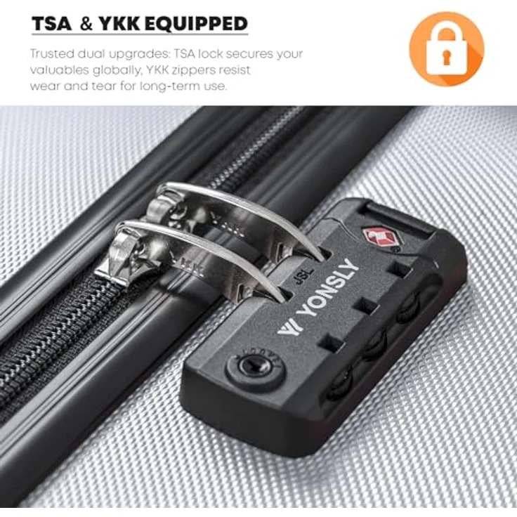 YONSLY Premium Reisekoffer M, TSA-Schloss, YKK-Reißverschluss, Hartschalen-Trolley Handgepäck, 4 Rollen, Silber – Bild 3