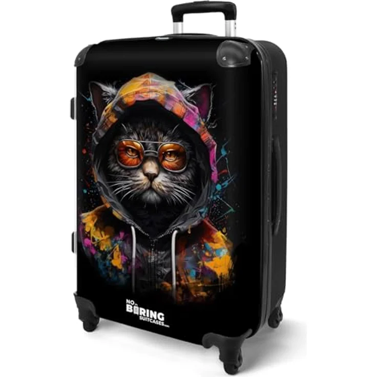 NoBoringSuitcases.com© Hartschalen-Trolley Katze mit bunter Weste und orangefarbener Brille 67x43x25cm, 4 Rollen, Koffer Mittelgroß, Suitcase für Erwachsene – Bild 2
