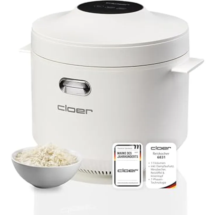 Cloer 6831 Reiskocher, 1 l, inkl. Dampfaufsatz, 7-Phasen-Technologie, Warmhaltefunktion bis 24 h, spülmaschinengeeigneter Innentopf, 350 W