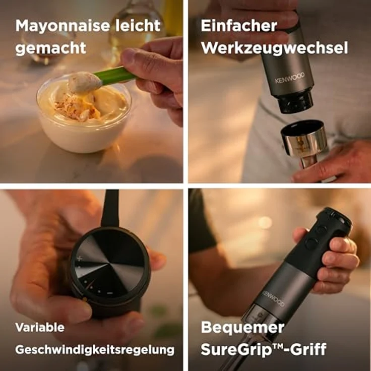 Kenwood Triblade XL Pro Stabmixer HBM80.322BK, 1200W, variable Geschwindigkeiten, Edelstahl Pürierfuß, umfangreiches Zubehörset mit 700 & 250 ml Bechern, 500 ml Zerkleinerer, Schneebesen und Emulgieraufsatz, spülmaschinenfeste Teile – Bild 4