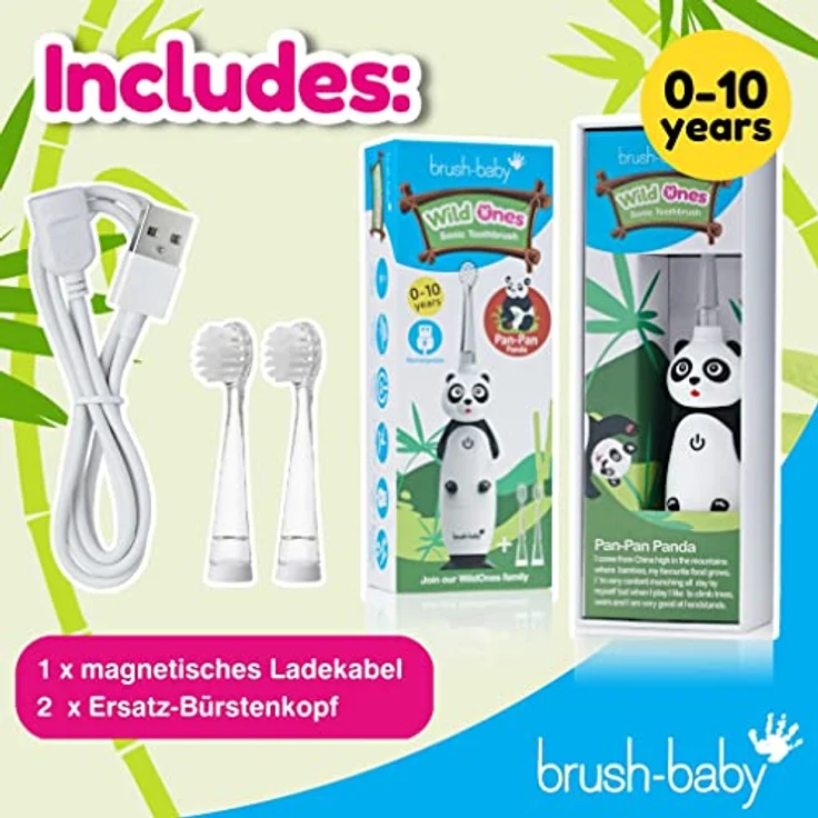Brush-Baby Elektrische Zahnbürste WildOne, USB-Ladekabel, wasserdicht, Panda Design – Bild 3