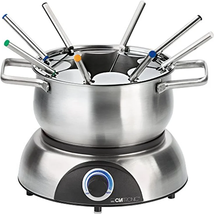 Clatronic FD 3783 elektrischer Fonduetopf, Topf mit abnehmbaren Spritzschutz, Fondue-Set für 8 Personen mit Edelstahl Fondue-Gabeln, farblich markiert, Füllmenge max. 1,2 Liter/1400 Watt, edelstahl – Bild 1