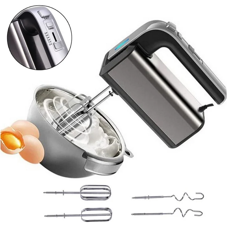 XIIW Handmixer 800W, Elektrischer Handrührgerät mit 5 Stufen Turbo Boost, Silber, 2 Rührbesen und 2 Knethaken aus 304 Edelstahl