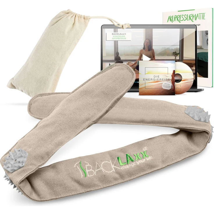 BACKLAxx® Massagegerät Akupressur Stirnband, Kopfband, Kopfmassagegerät mit Tasche zur Kopfmassage, Intensitätsregulierung durch Klettverschluss - Umweltfreundliches Halbleinen, 230 Spitzen, erholsame Kopfmassage – Bild 1