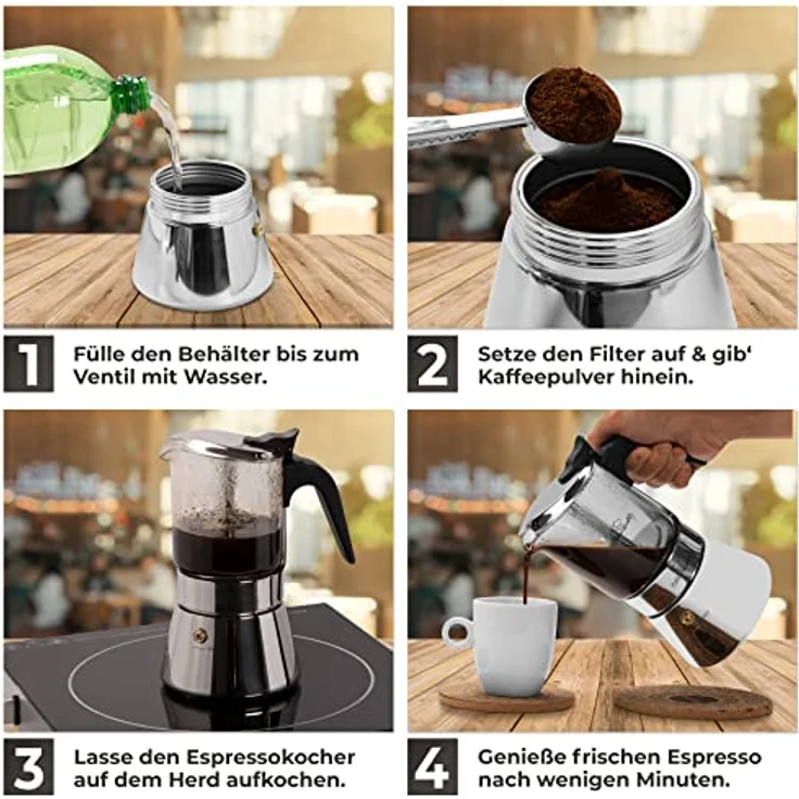 KitchenQuality Espressokocher, Edelstahl und Borosilikatglas, für alle Herdarten, inkl. Portionierlöffel & Untersetzer, Maße 17,5x10 cm – Bild 4