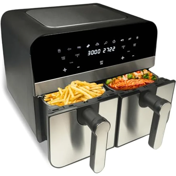 Comfy Nest CNAFD45NS digitale Doppelkorb-Luftfritteuse, 2400 W, 9 l, Edelstahl, 10 Kochfunktionen, Touch-Sensor-Steuerung, gesundes Kochen, silberfarben – Bild 2