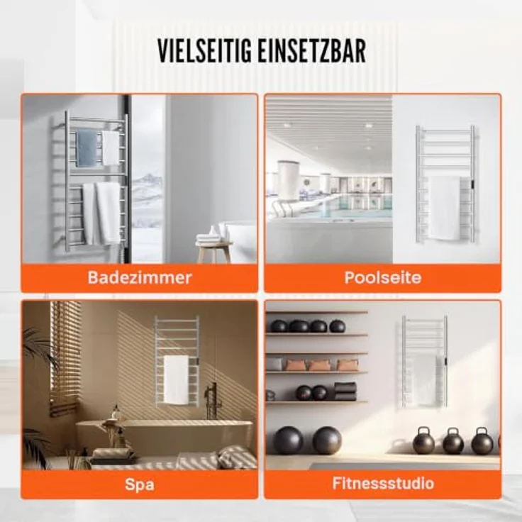 VEVOR Handtuchtrockner Heizkörper, 10 Stangen Handtuchwärmer mit Timer und LED-Anzeige, 5 Temperaturstufen, wasserdicht, Wandmontage, Silber – Bild 6