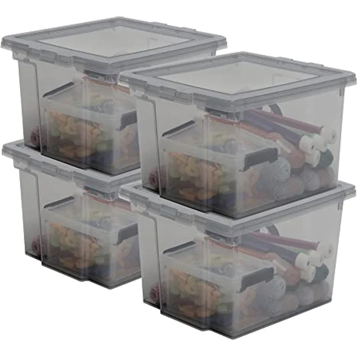 Iris Ohyama, Kunststoffboxen mit gewölbtem Deckel und Clipverschluss, 10L, 4er-Set, nestbar, stapelbar, BPA-frei, Schlafzimmer, Büro, Wohnzimmer, DDUSB-S, Grau