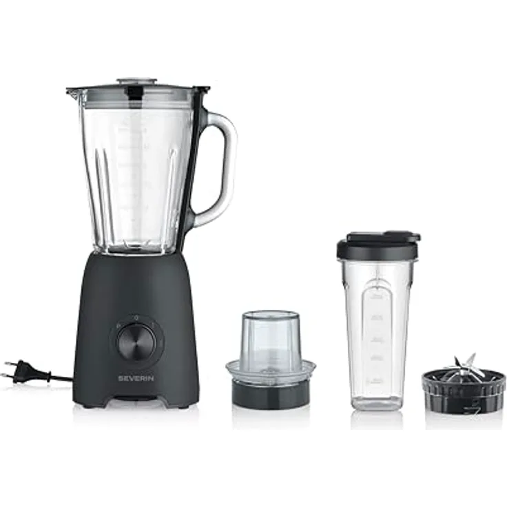 Severin SM 3724, Standmixer 600W mit 1,5L Behälter, 2 Stufen, Impulsfunktion, Edelstahlmesser, inkl. to go Behälter und Mühlen-Aufsatz, schwarz