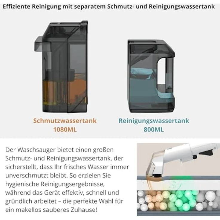 KB ELEMENTS Waschsauger Polsterreiniger, 750 Watt, 1080 ml Schmutzwassertank, inklusive Fenster- und Fliesenaufsatz, Tierhaarbürste, 5 Meter Kabel – Bild 5